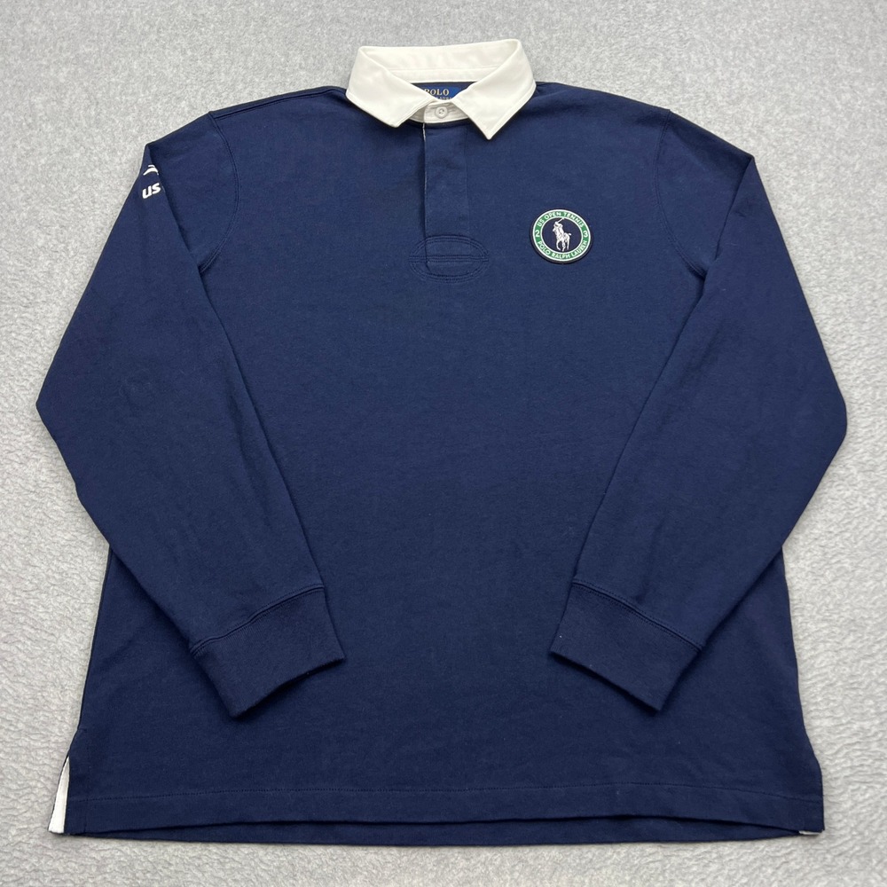 Polo Ralph Lauren US Open Rugby Shirt Mens Large Blue Classic Fit Jersey Patch